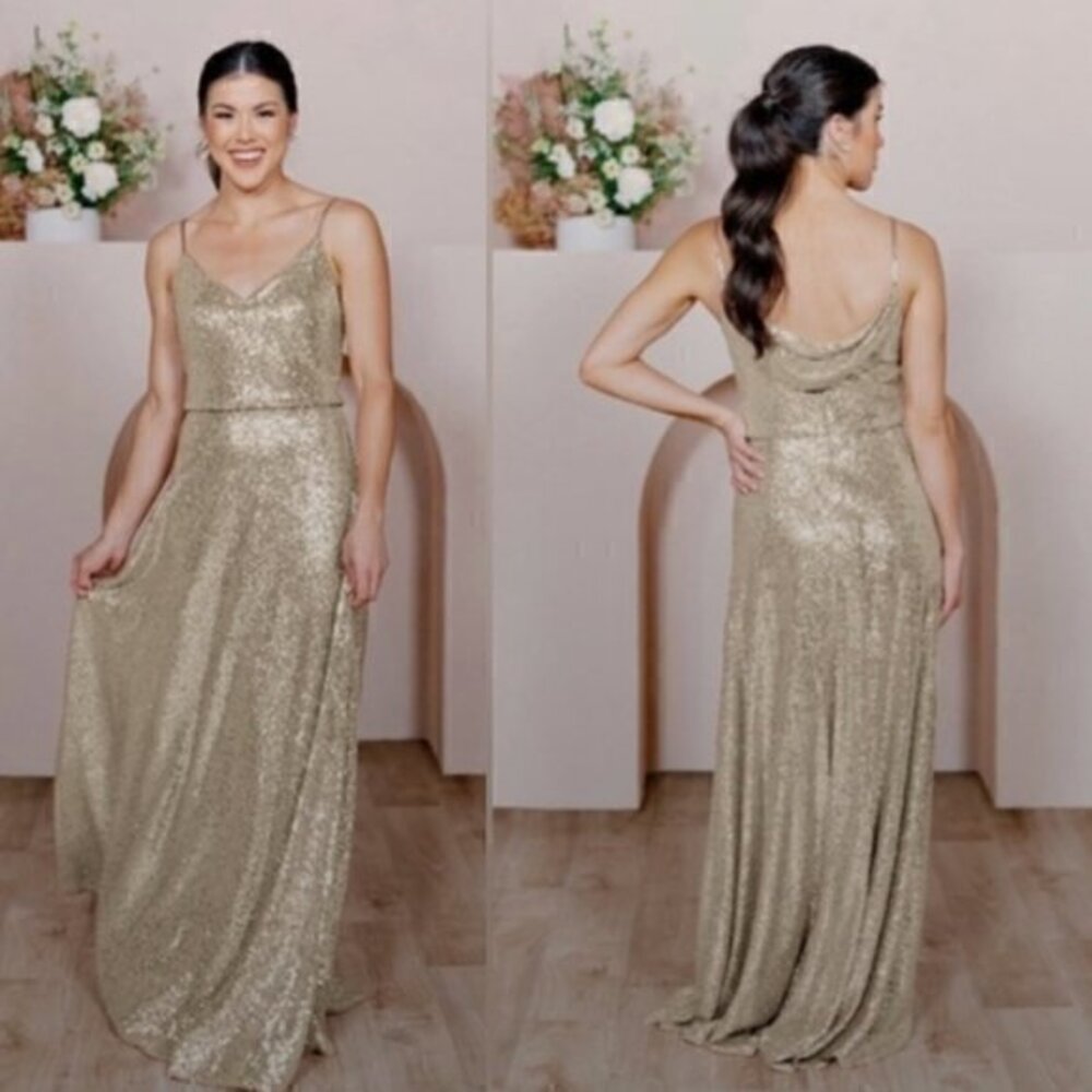 ✅ Revelry Dress Hazel Bridesmaid Gown V Neck Drape Back in Sequin Gold